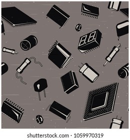 Stylized seamless in all directions illustration of electronic components and circuitry in retro style