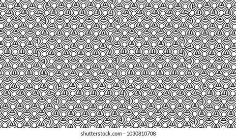 Stylized seamless background made of black line arc, monochrome, grayscale, traditional oriental background