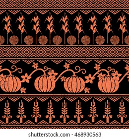 Stylized seamless background with wheat, corn, pumpkins, and native american indians symbols.