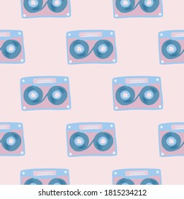Stylized seamless doodle pattern with cassette elements. Blue music ornament on light pink background. Decorative backdrop for wallpaper, textile, wrapping paper, fabric print. Vector illustration.