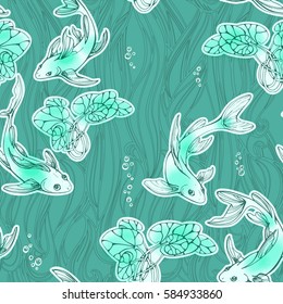 Stylized seamless fishes and lily pads. Ornamental line art hand drawing with watercolor spots. Decorative vector pattern on turquoise background.