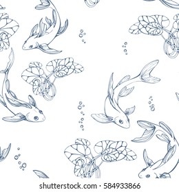 Stylized seamless fishes and lily pads. Ornamental line art hand drawing. Decorative vector pattern isolated on white background.