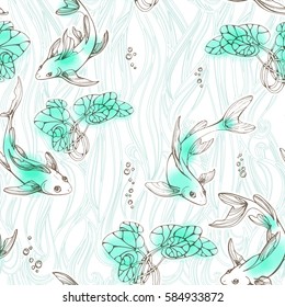 Stylized seamless fishes and lily pads. Ornamental line art hand drawing with watercolor spots. Decorative vector pattern on white background.