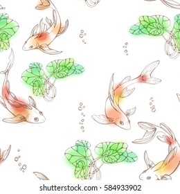 Stylized seamless fishes and lily pads. Ornamental line art hand drawing with watercolor spots. Decorative vector pattern on white background.