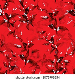
Stylized seamless floral background pattern. Snowberry branches with leaves behind on red. Abstract hand drawn illustration. Vector - stock.