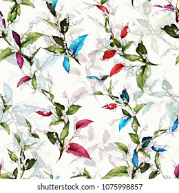 Stylized seamless floral background pattern. Snowberry branches with leaves behind. Abstract hand drawn illustration on white. Vector - stock.