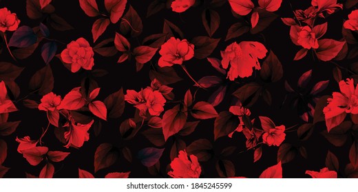 Stylized seamless floral background pattern. Abstract flowers with leaves on dark red. Pattern for textile, fabric and other prints purpose. Artwork, vector.