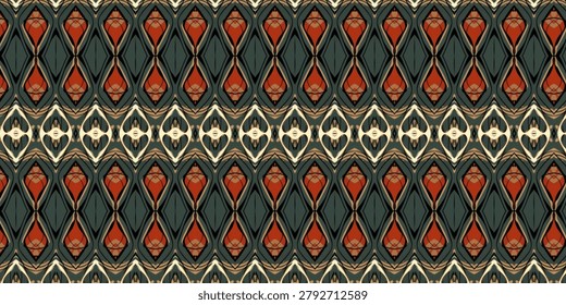 Stylized seamless geometric pattern featuring elongated diamond motifs in deep teal, burnt orange, and cream tones.