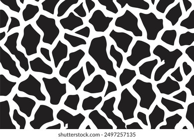A stylized seamless giraffe skin pattern in black and white. Vector design with irregular natural patches, perfect for textiles, safari-themed products, wallpapers, and animal-inspired graphic design.
