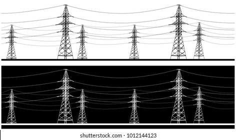 Stylized Seamless Horizontal Panoramic Vector Illustration On The Theme Of High Voltage Power Lines, Industrial And Energy Sector