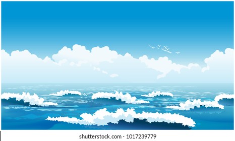 Stylized seamless horizontal vector illustration of an picturesque ocean  waves