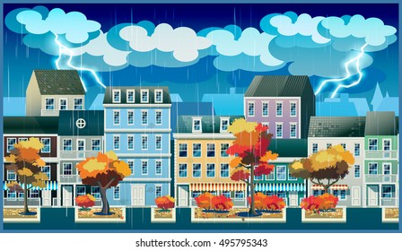 Stylized, seamless horizontal vector illustration on the theme of the rainy day in the old town.