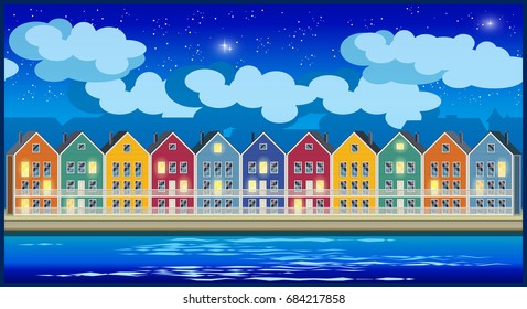 Stylized seamless horizontal vector illustration on the theme of the town and colorful townhouses at night