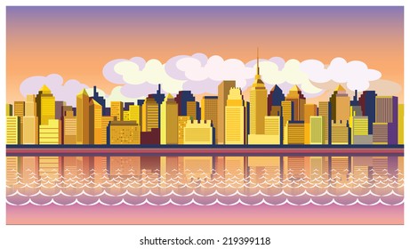 stylized seamless panoramic composition of a modern city in the morning light
