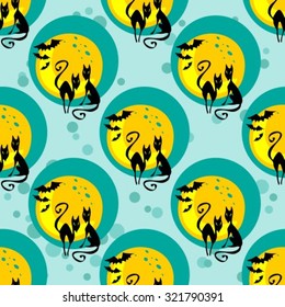 Stylized seamless pattern with cat and moon silhouettes.