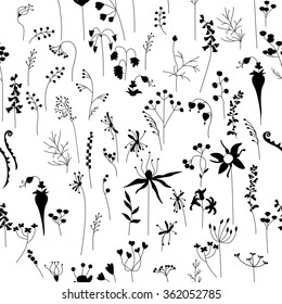 Patrón impecable con flores de contorno. Blanco y negro. Textura sin fin para tu diseño, tarjetas de felicitación, anuncios, afiches.