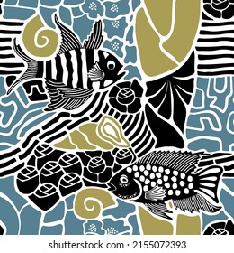 Stylized seamless pattern with fish,shells and abstract shapes in blue,green and black colors.Underwater world background and texture for printing on fabric and paper.Vector hand drawn illustration.