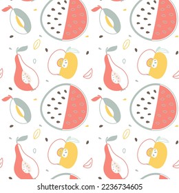 Patrón transparente estilizado de frutos: manzana, pera, sandía, ciruela. Patrón de jugo vectorial, dibujado a mano sobre un fondo transparente. Diseño para tela, papel envolvente.