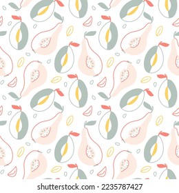 Stylized seamless pattern of fruits and berries, apple, pear, plum, watermelon. Vector juicy pattern, hand-drawn. Layout for fabric, wrapping paper.