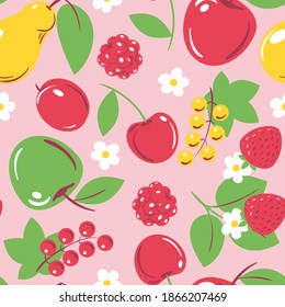 Stylized seamless pattern with garden fruits and berries: apple, pear, currant, raspberry, cherry, strawberry. Vector background for packaging, textile, wallpaper.