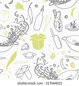 Stylized seamless pattern with hand drawn wok restaurant elements. Hipster background. Doodle asian cuisine. Vector illustration