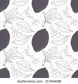 Stylized seamless pattern with hand drawn lemon, leaves and bubbles. Hipster illustration. Craft lemonade drink packaging texture. Retro style vector background