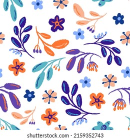 Stylized seamless pattern of hand-drawn flowers, twigs with leaves and berries. Doodle style, Scandinavian minimalism, bright colors Vector design for fabrics, wrapping paper, wallpaper and background