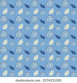 Stylized seamless pattern of lemon slices, citrus wedges and decorative white orange leaves on a blue background. Vector illustration in flat style for wallpaper, textile and print design.