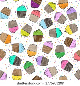 Stylized seamless pattern with muffin and cherry for texture, textiles, packaging and background