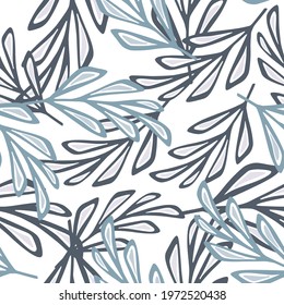 Stylized seamless pattern with navy blue outline foliage shapes print. White background. Simple style. Designed for fabric design, textile print, wrapping, cover. Vector illustration.