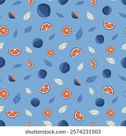 Stylized seamless pattern of orange slices, whole plums and decorative white leaves on a blue background. Vector illustration in flat style for wallpaper, textile and print design.