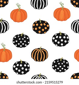 Stylized seamless pattern with pumpkin in orange and black white colors.Modern background and texture for printing on fabric and paper.Vector flat cartoon isolated illustration to decorate holidays.