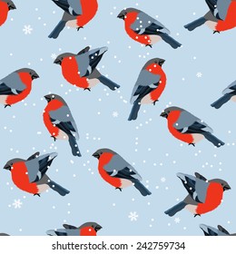 Stylized seamless pattern with red bullfinches 