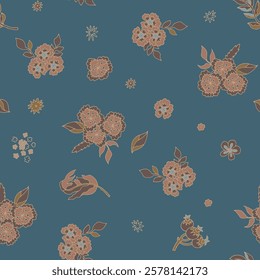 Stylized seamless pattern with small flowers and leaves on a deep blue background, crafted in a vintage-inspired vector style. Perfect for fabrics, wrapping papers, and stationery.