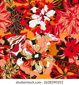 Stylized seamless pattern with tropical flowers and leaves. Rich texture and dynamic shapes make it perfect for textiles, packaging, and interior design projects