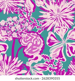 Patrón estilizado sin fisuras con flores tropicales y hojas. Su rica textura y sus Formas dinámicas lo hacen perfecto para proyectos textiles, de embalaje e interiorismo