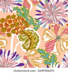 Stylized seamless pattern with tropical flowers and leaves. Rich texture and dynamic shapes make it perfect for textiles, packaging, and interior design projects