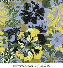 Stylized seamless pattern with tropical flowers and leaves. Rich texture and dynamic shapes make it perfect for textiles, packaging, and interior design projects
