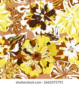 Patrón estilizado sin fisuras con flores tropicales y hojas. Su rica textura y sus Formas dinámicas lo hacen perfecto para proyectos textiles, de embalaje e interiorismo