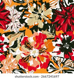 Stylized seamless pattern with tropical flowers and leaves. Rich texture and dynamic shapes make it perfect for textiles, packaging, and interior design projects