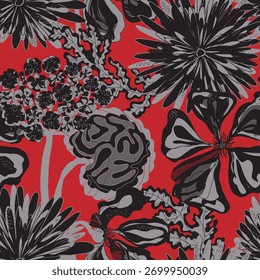 Padrão sem emenda estilizado com flores e folhas tropicais. Textura rica e formas dinâmicas tornam-no perfeito para têxteis, embalagens e projetos de design de interiores