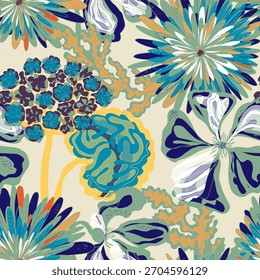 Patrón estilizado sin fisuras con flores tropicales y hojas. Su rica textura y sus Formas dinámicas lo hacen perfecto para proyectos textiles, de embalaje e interiorismo