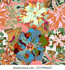 Padrão sem emenda estilizado com flores e folhas tropicais. Textura rica e formas dinâmicas tornam-no perfeito para têxteis, embalagens e projetos de design de interiores