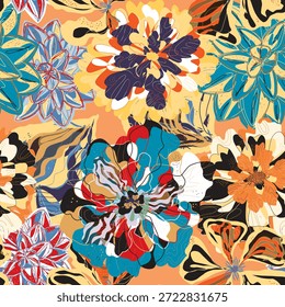 Patrón estilizado sin fisuras con flores tropicales y hojas. Su rica textura y sus Formas dinámicas lo hacen perfecto para proyectos textiles, de embalaje e interiorismo