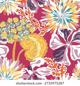 Stylized seamless pattern with tropical flowers and leaves. Rich texture and dynamic shapes make it perfect for textiles, packaging, and interior design projects