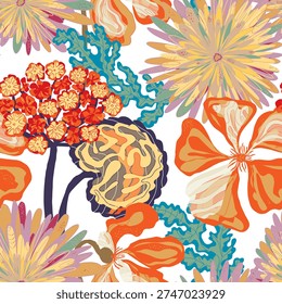 Stylized seamless pattern with tropical flowers and leaves. Rich texture and dynamic shapes make it perfect for textiles, packaging, and interior design projects