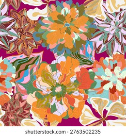 Stylized seamless pattern with tropical flowers and leaves. Rich texture and dynamic shapes make it perfect for textiles, packaging, and interior design projects