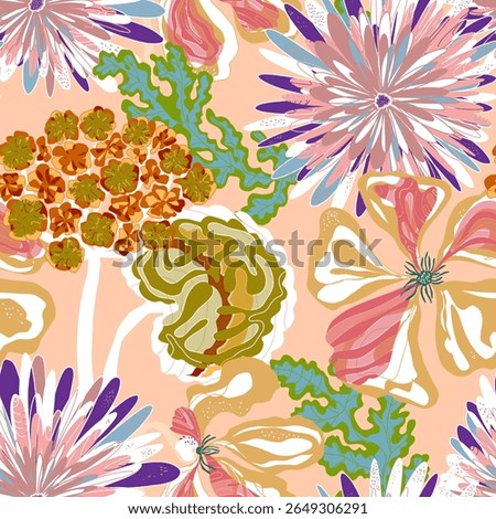 Stylized seamless pattern with tropical flowers and leaves. Rich texture and dynamic shapes make it perfect for textiles, packaging, and interior design projects