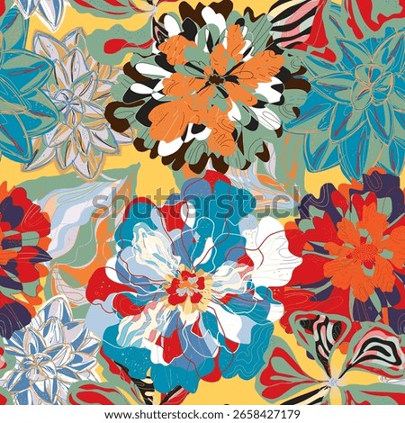 Stylized seamless pattern with tropical flowers and leaves. Rich texture and dynamic shapes make it perfect for textiles, packaging, and interior design projects