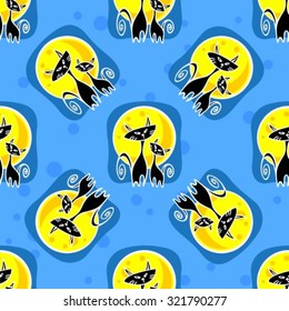 Stylized seamless pattern with two cats and moon silhouettes.